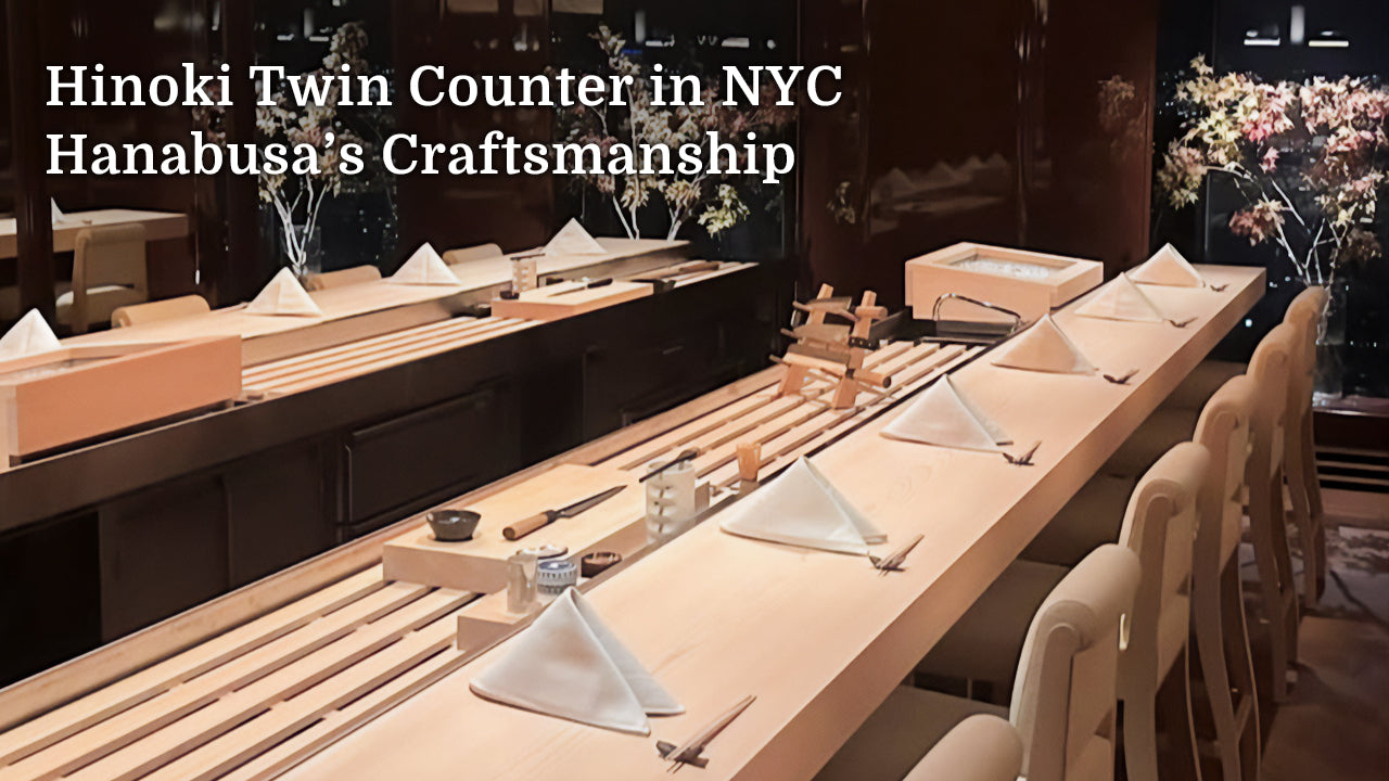 Load video: Installation of Hinoki Japanese Cypress twin counters in Manhattan, NYC. Handcrafted Yoshino wood, authentic Japanese craftsmanship by Hanabusa.